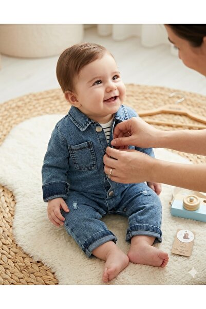 MİNİKİNCİBABY Cep Detaylı Çıtçıtlı Jean Bebek Tulum Ve Uzun Kollu Zıbın Takım