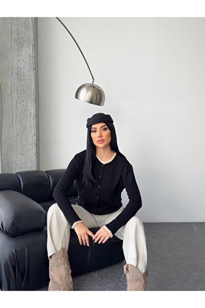 erki triko Lace Detailed Crew Neck Long Sleeve Premium Knitwear Cardigan