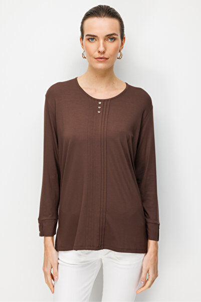 Desen Triko Γυναικεία μακρυμάνικη χτενισμένη βαμβακερή μπλούζα με λαιμόκοψη Ο...