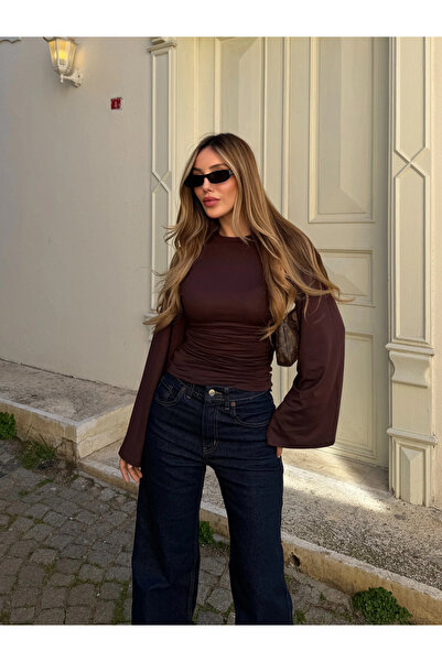 Laluvia Brown Spanish Sleeve Blouse - 261021