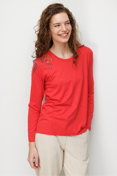 Desen Triko Γυναικεία μπλούζα από χτενισμένο βαμβάκι με κέντημα στους ώμους κ...