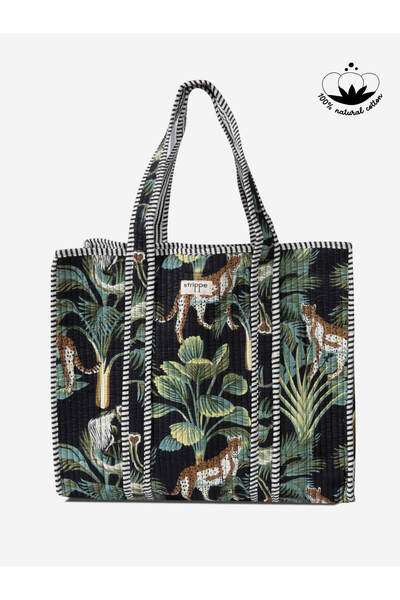 Strippe Leopar Orman Desenli Siyah Pamuklu Kumaş Günlük Omuz Çantası - Tote Bag