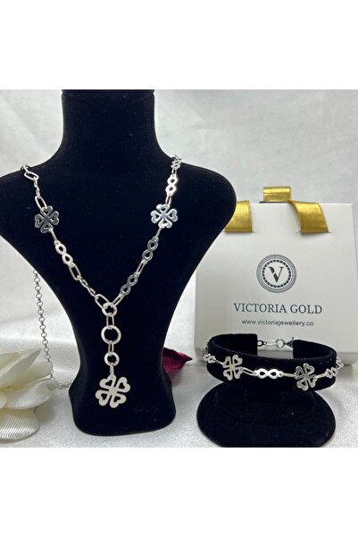 Victoria 925 Ayar Gümüş Dört Yapraklı Yonca Figürlü Kolye ve Bileklik Seti – ...