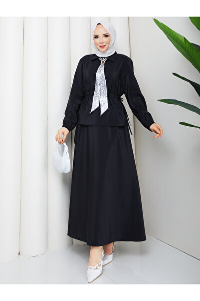 RACE FASHİON Zippered Tie-Down Detailed Shirt & Skirt with Scarf Hijab Set Rc...