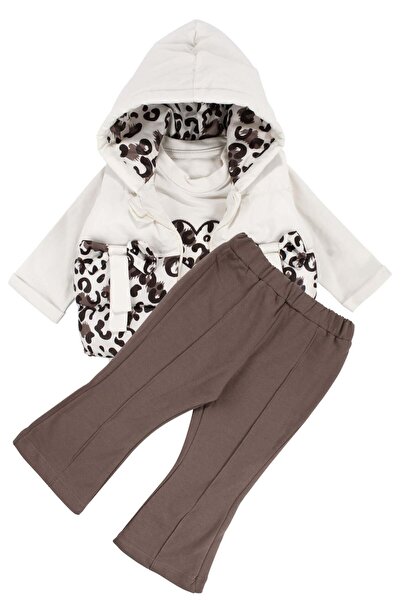 bebegen Baby Girl Ecru Brown Leopard Printed Piece Bow Set Puffer Vest Set 3-...