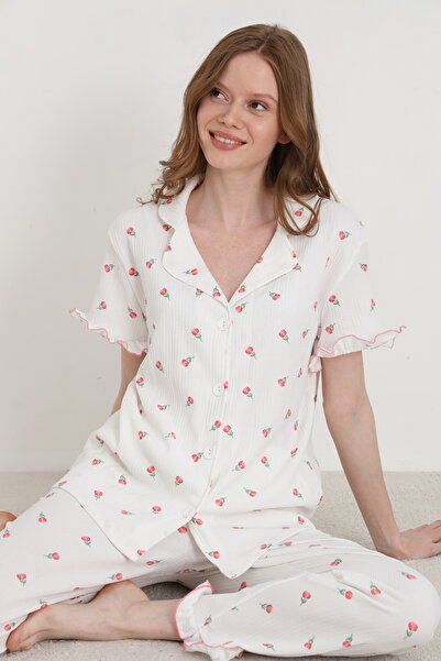 ELİTOL Bürümcük Örme Kısa Kol Kadın Düğmeli Pijama Takımı
