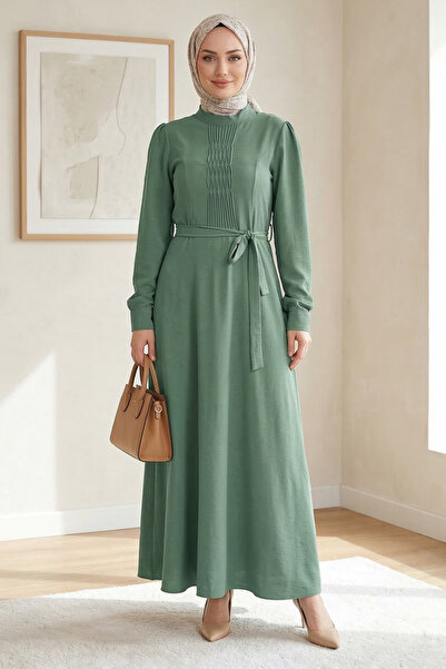 FERHEL Ayrobin Fabric Hijab Dress with Grass Detail and Belt - Khaki
