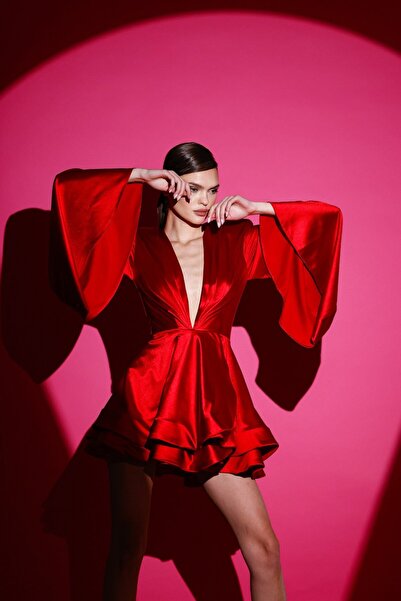 Gira Kırmızı Saten Grenli Elbise