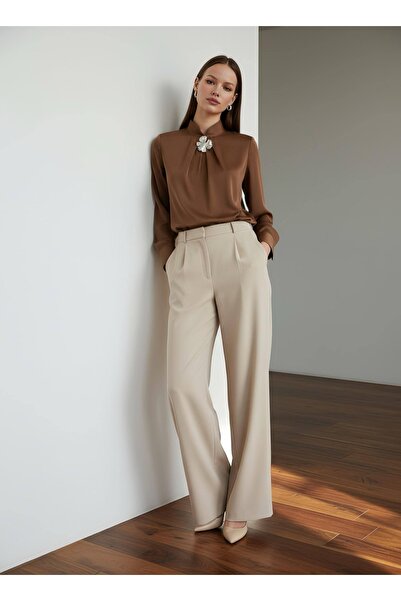 PERA MODA Stylish Blouse Shirt with Gold Brooch Detail