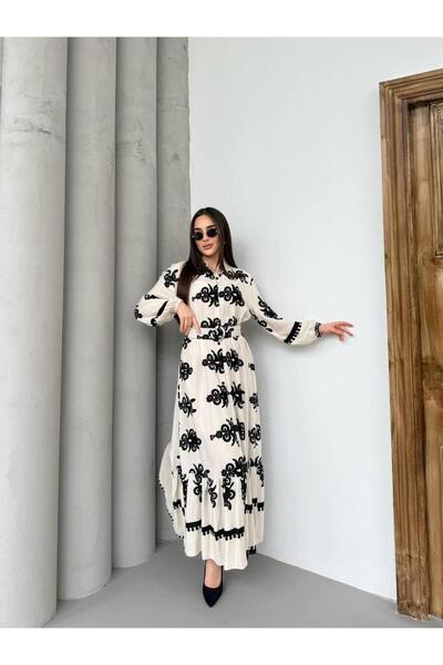 moda paketi Beige Black Patterned Belt Piece Long Dress – Shirt Collar Maxi D...
