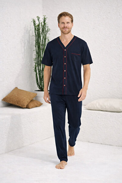 YUYİ Kly %100 Cotton V Neck Button-Front Men's Short Sleeved Pajama Set 2113