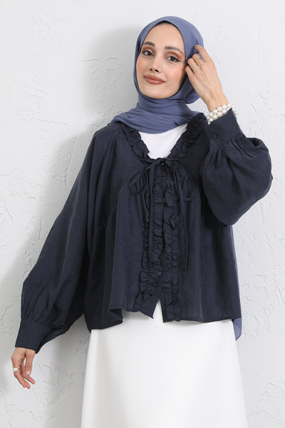 Salih Çelebi Collared Lace-Up Ruffle Shirt Y0108 - Dark Blue