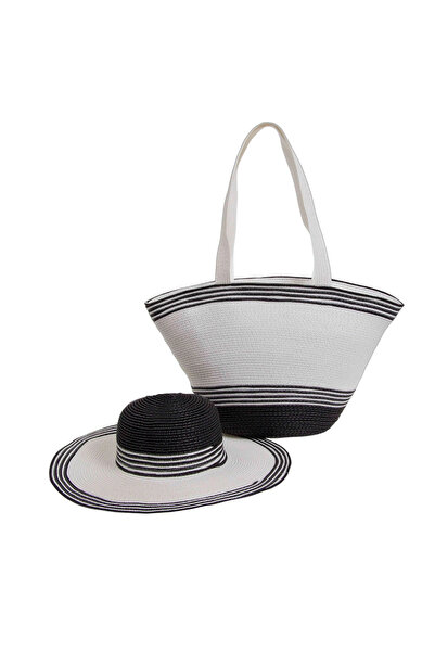 Bay Şapkacı Women's Striped Straw Beach Hat Bag and Sun Hat Set of 2 7031
