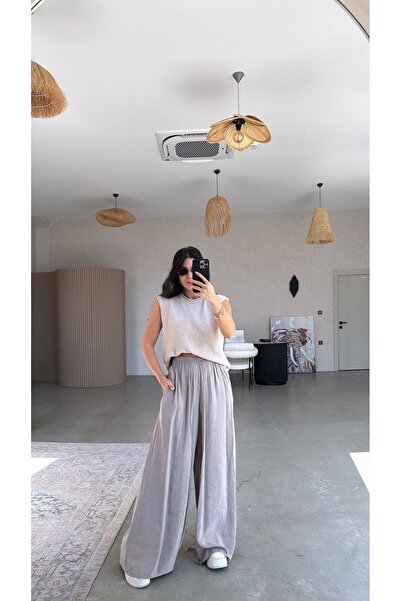 Buket Teke بنطلون تينسل واسع الساق بلون الحجر