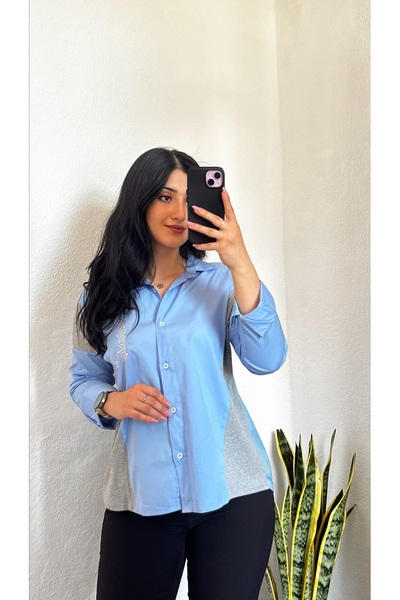 ROSYPOSY KADIN MAVİ TAŞLI PAMUKLU GÖMLEK