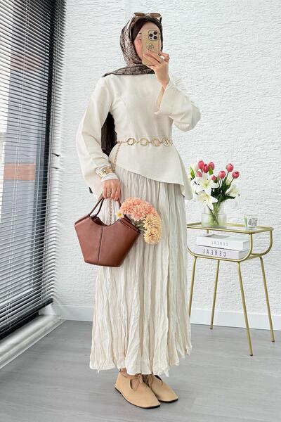 MELEK ARAZ Premium Asymmetrical Cut Linen Skirt Suit - Cream