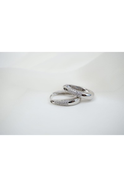 ATELİER TUĞBA Kp283 Thin Stone Hoop Earrings Silver (Length 20 mm)