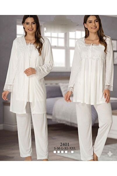 MOONTELLA Penye 3lü sabahlıklı lohusa pijama takımı EKRU