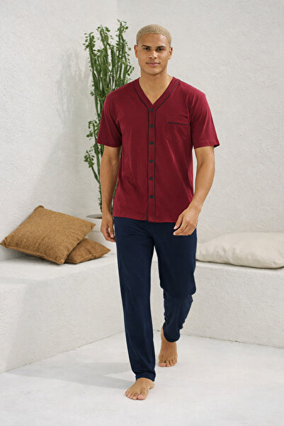 YUYİ Kly %100 Cotton V Neck Button-Front Men's Short Sleeved Pajama Set 2113