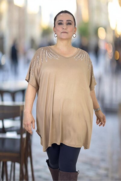 yagmurberen Angelic Stone Embroidered Short Sleeve Loose Fit Viscose Fabric E...