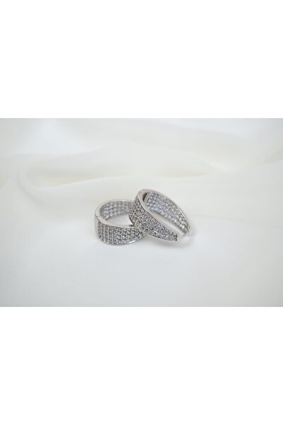 ATELİER TUĞBA Kp281 Full Stone Wide Hoop Earrings Silver (Length 25 mm)