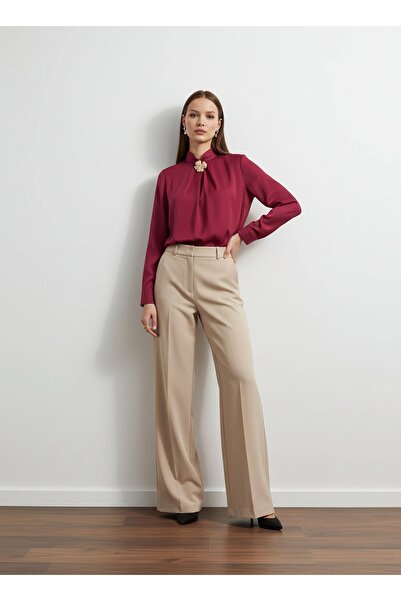 PERA MODA Stylish Blouse Shirt with Gold Brooch Detail