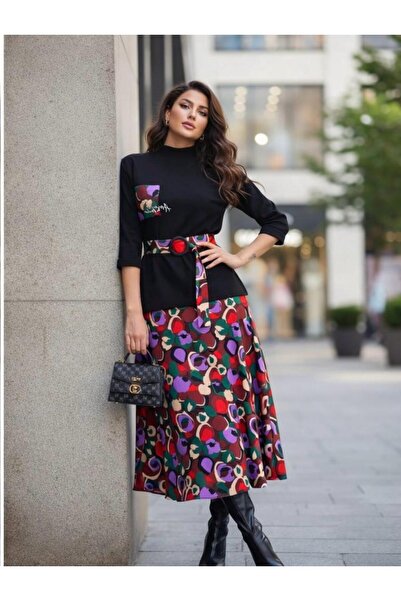 GIZZIANO Premium İnce Örme İkili Takım - Desenli Midi Etek & Balıkçı Yaka Blu...