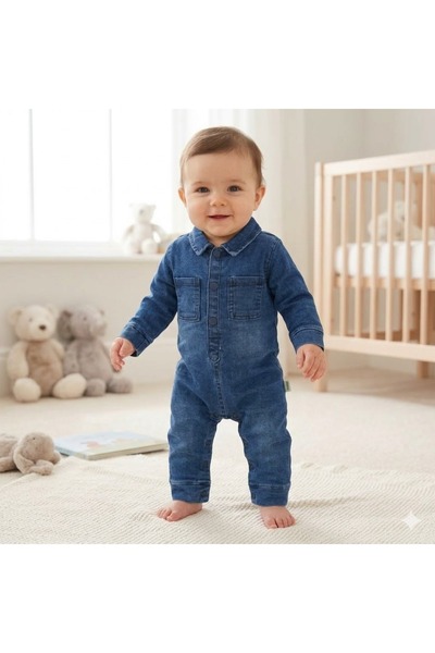 MİNİKİNCİBABY Bebek Denim Tulum - Yaka Detaylı Çıtçıtlı Lacivert Kot Tulum