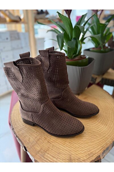 POTEEN Stelli Suede Short Heel Perforated Summer Boots P100-Acı Brown