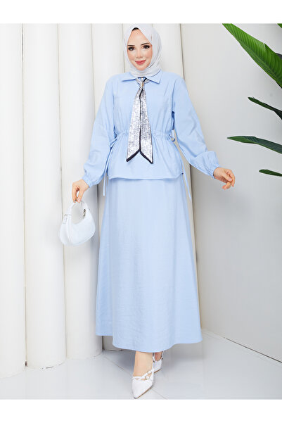 RACE FASHİON Zippered Tie-Down Detailed Shirt & Skirt with Scarf Hijab Set Rc...