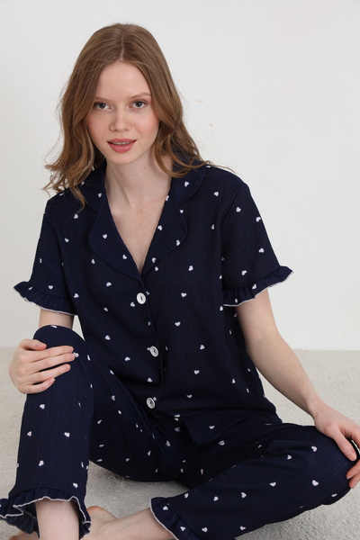 ELİTOL Bürümcük Örme Kısa Kol Kadın Düğmeli Pijama Takımı