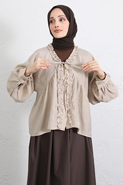 Salih Çelebi Collared Lace-Up Ruffle Shirt Y0108 - Beige