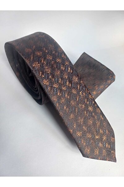 Kravatistan Brown Patterned Thin Tie Handkerchief Set 5.5cm
