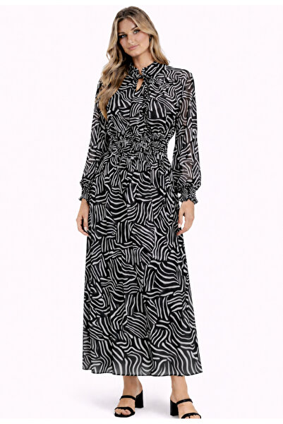 Nobrand Women's Black and White Maxi Dress with Abstract Patterned and Elasti...