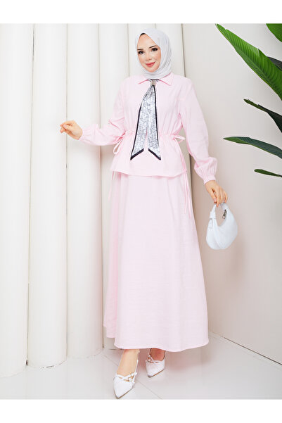 RACE FASHİON Zippered Tie-Down Detailed Shirt & Skirt with Scarf Hijab Set Rc...