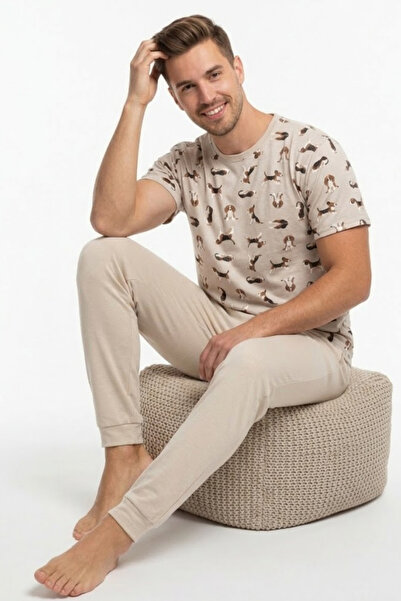 İPEKTENİM Köpek Desenli Manşetli Kısa Kol Erkek Pijama Takımı