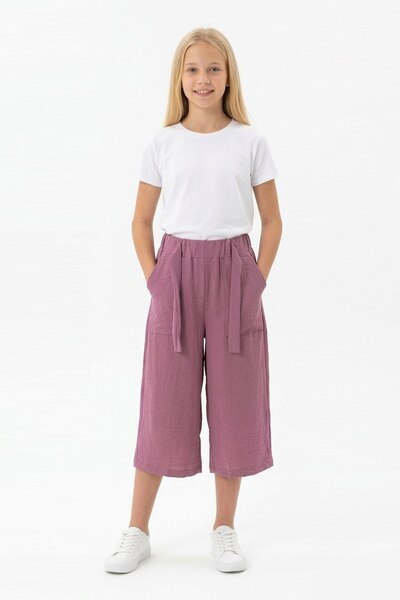 zahider Girl's Pocketed Summer Ayrobin Pants with Elastic Waist and Belt