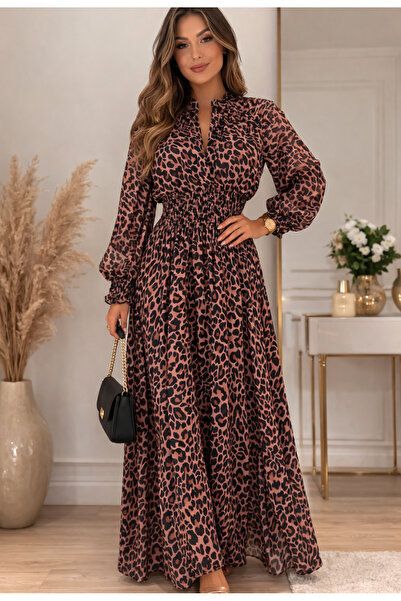 Nobrand Elegant Animal Print Long Dress with Elastic Waist – Long Sleeves