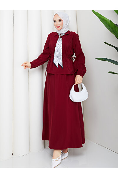 RACE FASHİON Zippered Tie-Down Detailed Shirt & Skirt with Scarf Hijab Set Rc...