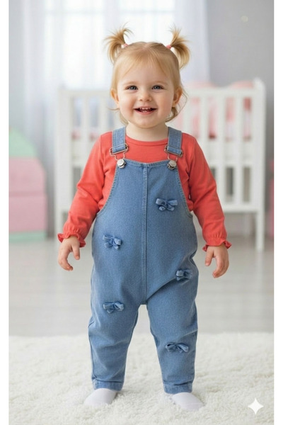 EYMİRGİYİM Fiyonklu Uzun Kollu Salopet Tulum Kız Bebek Çocuk 6-9 Ay, 9-12 Ay,...