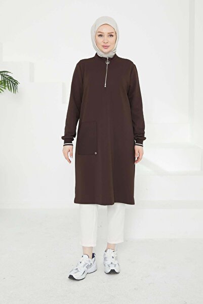 Armine TREND Kolları Ribanalı Yarım Fermuarlı Tunik-Kahverengi 24KT453