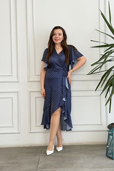 yb yağmur butik Double Breasted Collar Polka Dot Dress
