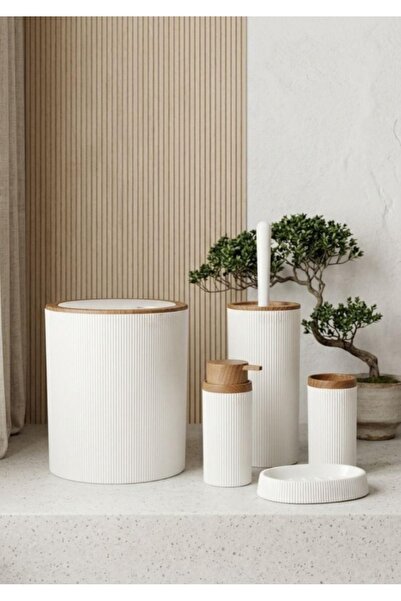 Store HGY Home Ahşap Detaylı Mina Beyaz 5'li Banyo Seti