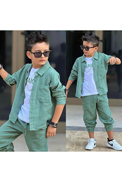 Bambam Комплект от 3 части за момчета: риза, тениска и панталони от зелен мус...