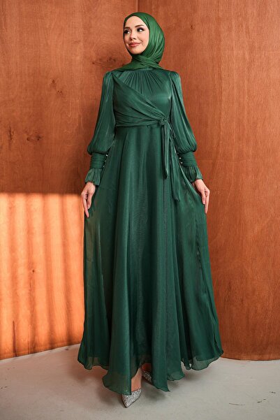 İmajButik Emerald Green Yan Tie-Detail Sleeve Detail Evening Dress