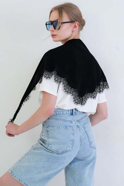 Trend Alaçatı Stili Black Laser Cut Wide Lace Woven Bandana