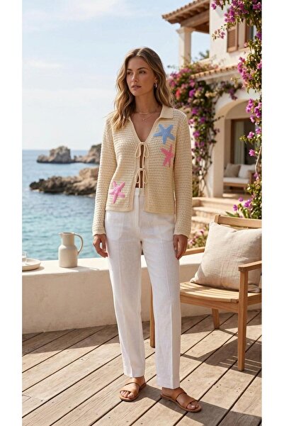 Sea Style Ecru Knitwear with Star Appliqué and Lace-Up Women's Cardigan