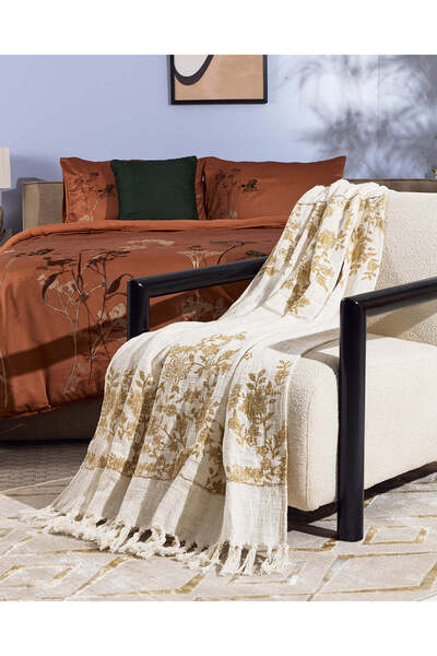 REDTAG Ivory and Gold and Floral Printed Throw