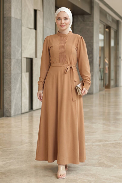 FERHEL Ayrobin Fabric Hijab Dress with Grass Detail and Belt - Cinnamon