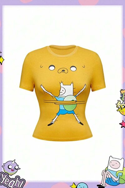 BALİNA Yellow Adventure Time Finn and Jack Y2K Short Sleeve Crop